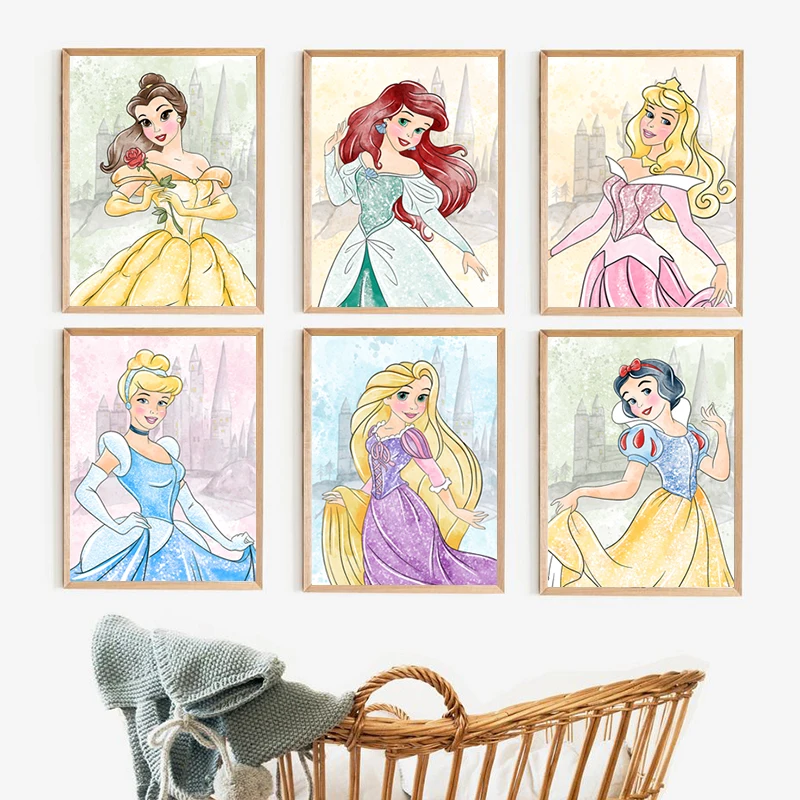 Impresiones Artísticas de Princesas en Acuarela: Cenicienta, Aurora, La Bella Durmiente, Bella, Ariel, Rapunzel, Pintura en Lienzo, Decoración de Pared para Habitación de Niñas
