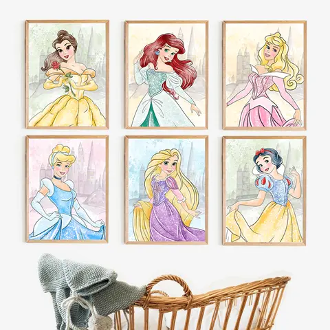 Watercolor Princess Art Prints Cinderella, Aurora Sleeping Beauty, Belle, Ariel, Rapunzel Canvas Painting Girls Room Wall Decor