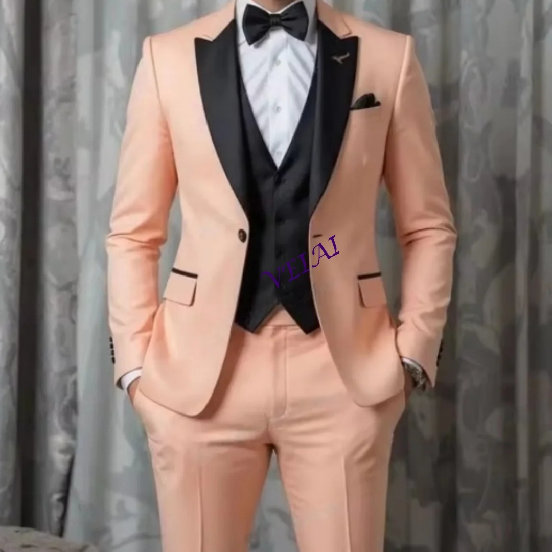 

CustomizedNew Black And Light Orang Formal Business Men Suit Groom Groomsman Wedding Party Prom Male Tuxedos 3 Piece Set Blazer