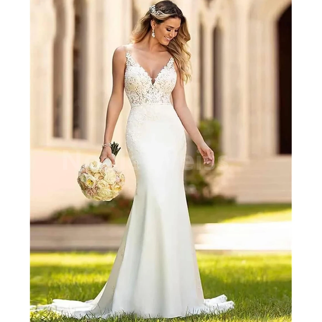 Elegant Mermaid Lace V-Neck Wedding Dress with Brush Train for Bride Customized