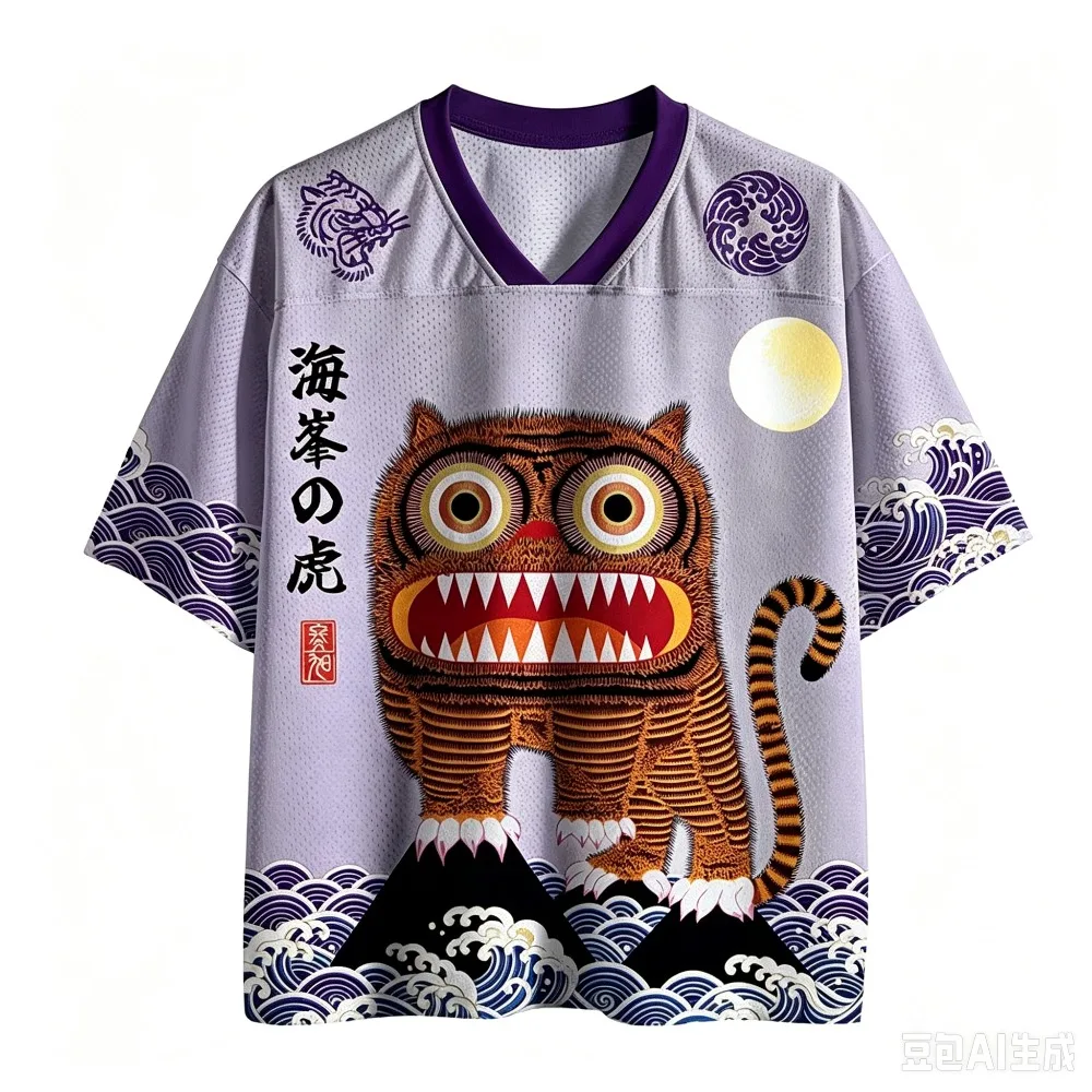 3D-Druck Retro Ukiyo-e-Stil „Hefeng Tiger Wave Red Sun“ Herren Damen Sport- und Fitness-T-Shirt mit V-Ausschnitt, schnelltrocknend, locker geschnitten, Streetwear, lässig – Detail 5