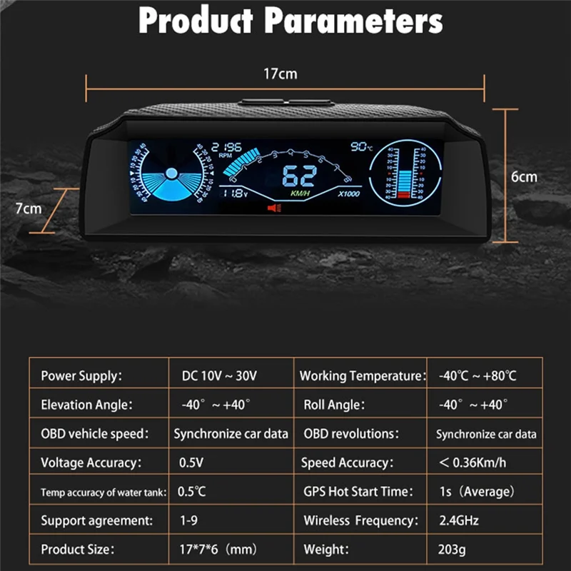 AA-X90 ヘッドアップディスプレイオンボードコンピュータディスプレイ OBD2 車のスピードメーター OBD ゲージ傾斜ピッチ角度分度器ディスプレイ