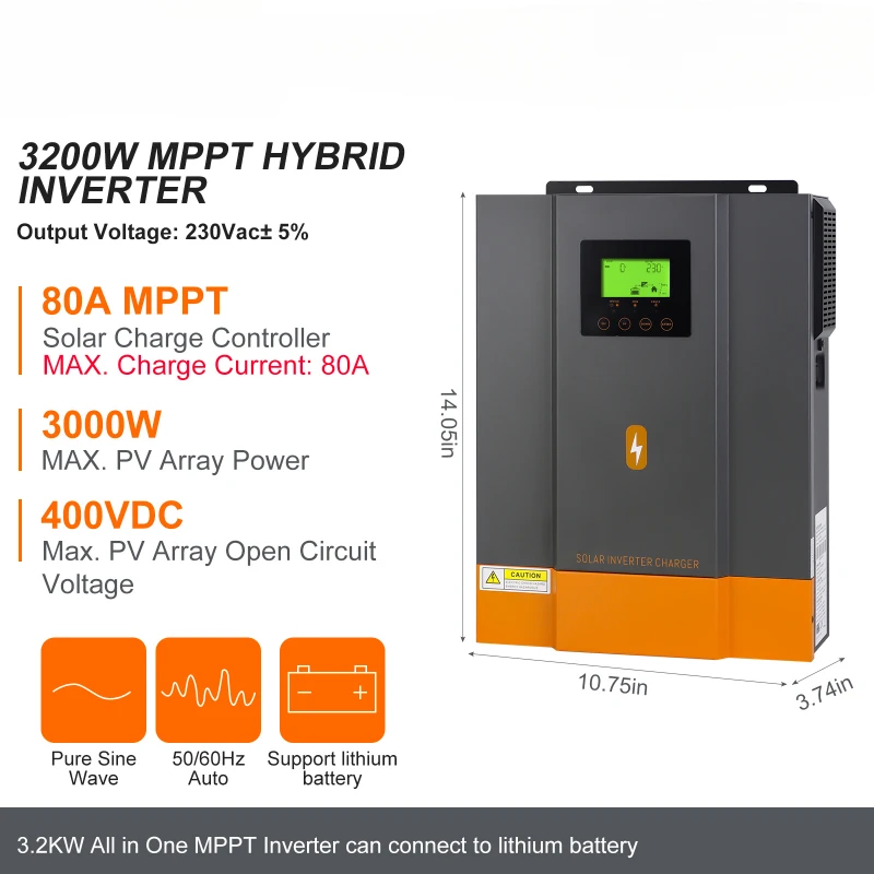 YYHC Hybrid Solar Inverter 3.2KW 3.0KW 2.0KW 24V 12V Photovoltaic Hybrid Inverter 230VAC Max PV 400V Build in 80A MPPT Charger