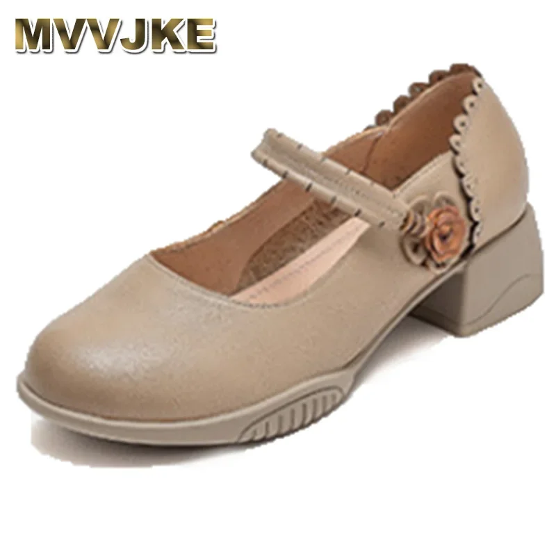 4cm Elastic Genuine Leather Women Chunky Heels Appliques Hollow Supportive Moccasins Ethnic Well-fitting Contoured Shoes