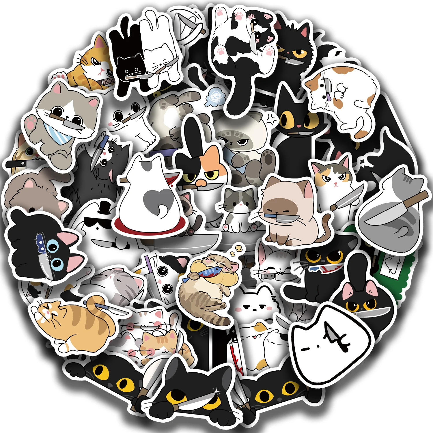 50PCS Funny Kitten Holding a Knife Sticker Aesthetic PVC Decoration Scrapbooking Supplies Cat Animals Stickers