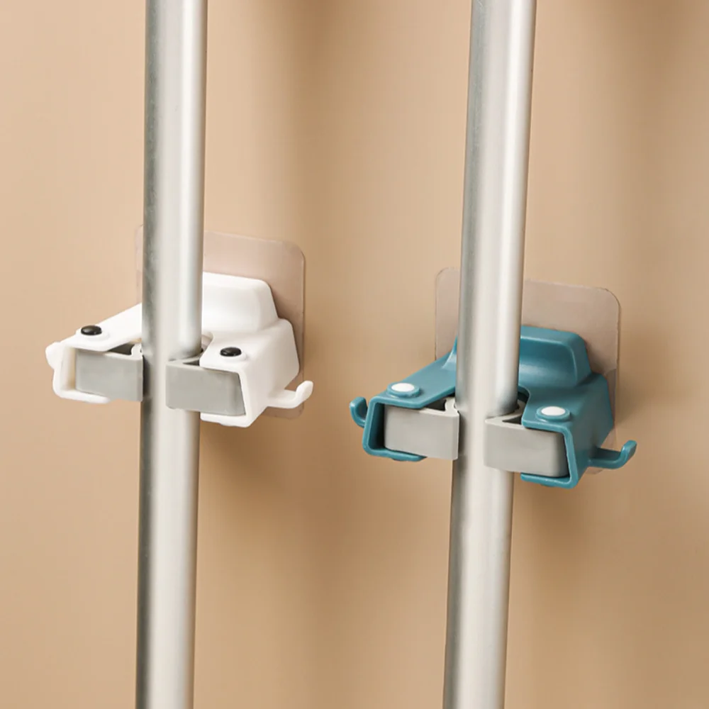 

Neat Punch-free Mop Rack Multi-pot Application with Hook Wall-mounted Mop Holder Durable Strong Adhesive Mop Clamp Hook Bathroom