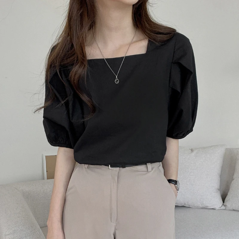 

Ele Versatile Square Collar Bubble Sve ort Sve irt Women Summer Age Reduction Top Korean Sle Cotton Blend