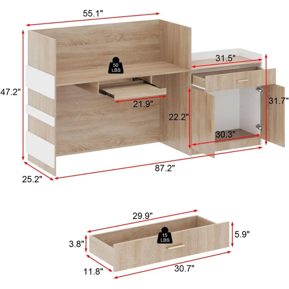 Banco reception con cassetto e armadietto, bancone reception con vassoio per tastiera, bancone per reception, bancone al dettaglio