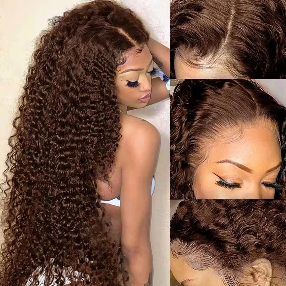 Perruque Lace Front Wig sans colle naturelle, cheveux humains, Deep Wave, brun chocolat, 13x4, 13x6 HD, 4x4, pour femmes