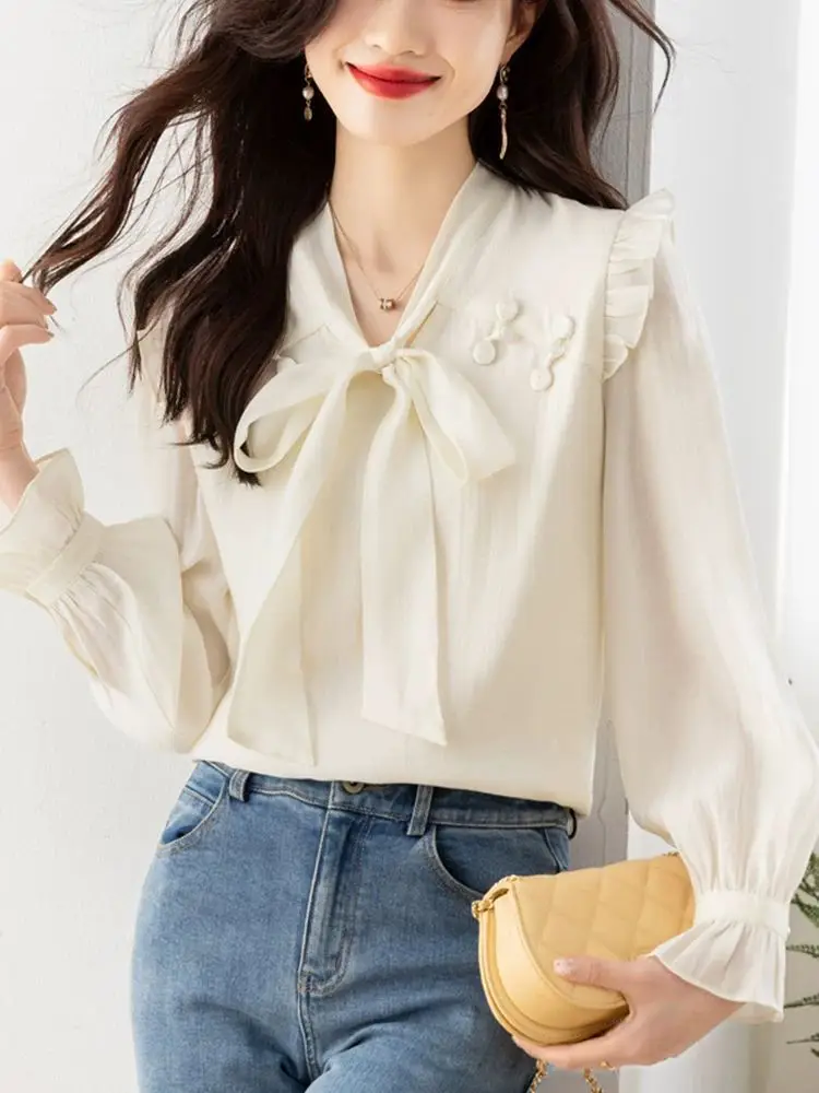 Butterfly Knot Long Sleeved Chiffon Shirt for Women New High-end and Chic Youthful and Stylish Small Shirt