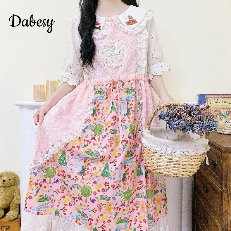 

Japanese Mori Girl Lace Patchwork Pink Dress Summer New Pretty Cotton Linen Dress Wome Loose Puff Sleeved Kawaii Midi Vestidos