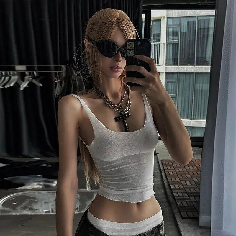 Slim Fit Sexy Summer New Style Women's U-Neck Top Fashionable Transparent Casual Wear Polyester Fiber H-Shape Vest