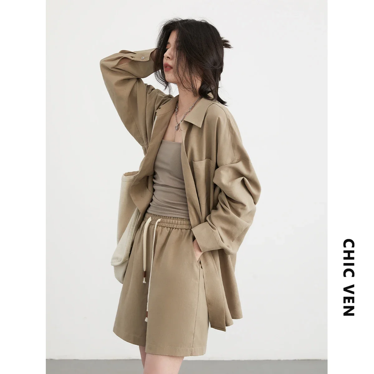 CHIC VEN Women Shirts Solid Loose Casual Female Blouse Drawstring Elastic High Waisted Shorts Women Clothing Spring Summer 2024