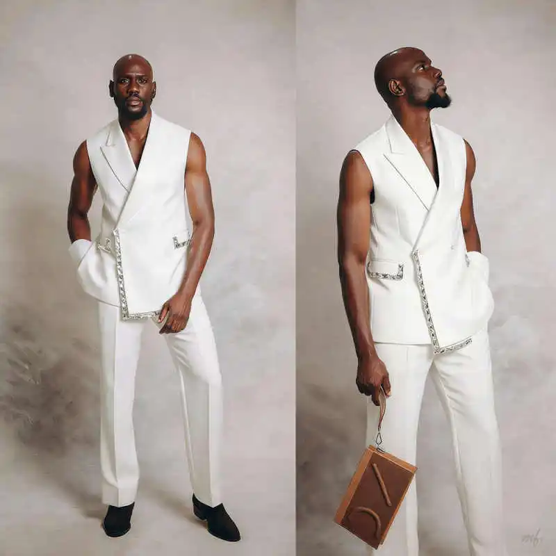 

New Summer Mens Suit 2 Pieces Sleeveless Jacket Pants Peak Lapel Casual Occasion Party Customized Trajes Para Hombre