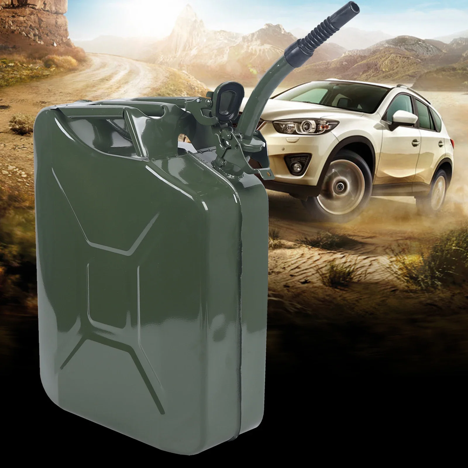 20L/5-gallon Steel Military Green Reserve Fuel Tank, Portable Gasoline Tank Jerry Fuel Can with Oil-out for The Rugged Off-road