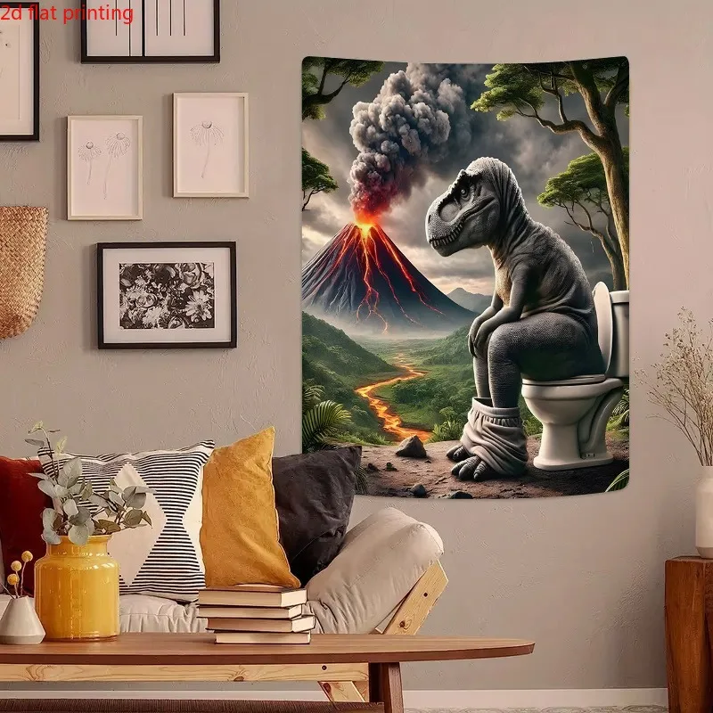 VIKAMA Tyrannosaurus Sitting On The Toilet Funny Tapestry Volcano Background Nonsensical Home Decor Room Decoration