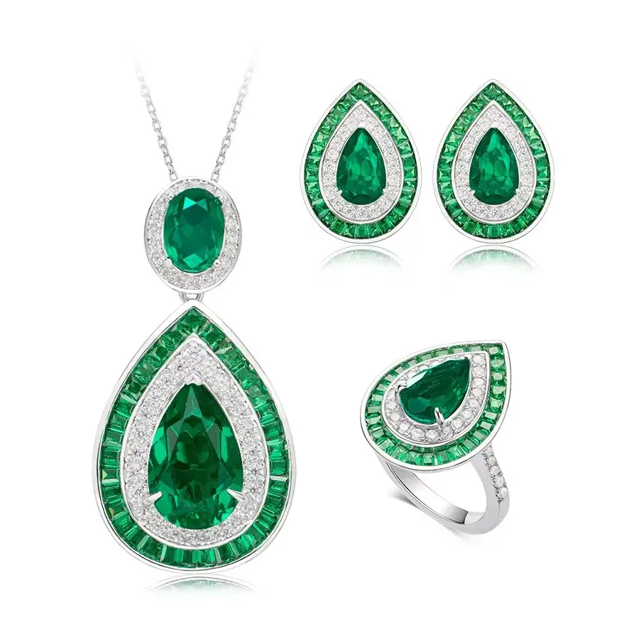

Cumee Luxury Water Droplet Cultivation Synthetic Emerald Ring Earring Necklace Jewelry Set Women 925 Silver Gold-plated Party
