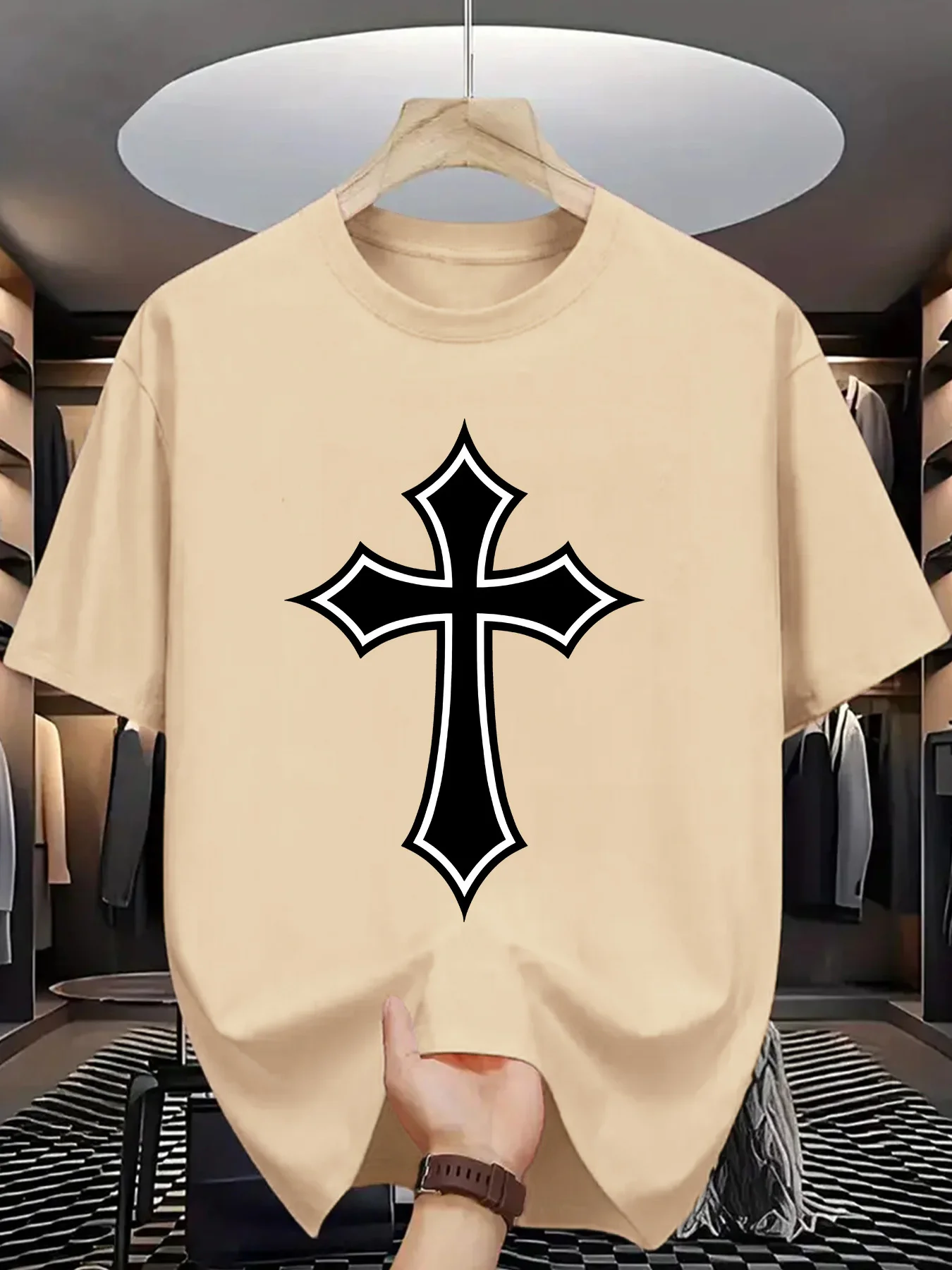 Faith Graphic T Shirt For Men Gothic Outline Cross Christian Symbol Crew Neck Tee Classic Religious Icon Print Casual Daily Tops