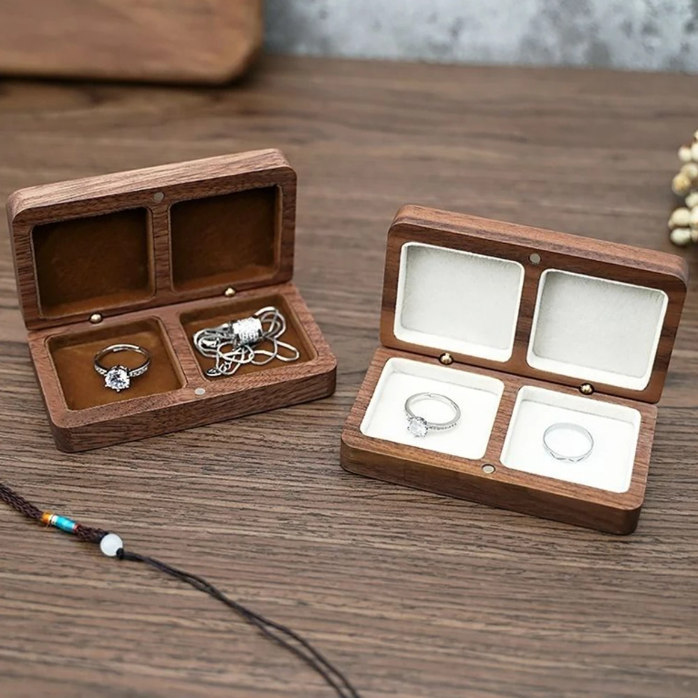 Wooden Couple Ring Box Large Capacity Double Seat Ring Bearer Box Display Holder Jewelry Organizer Rings Gift Box Travel Packing