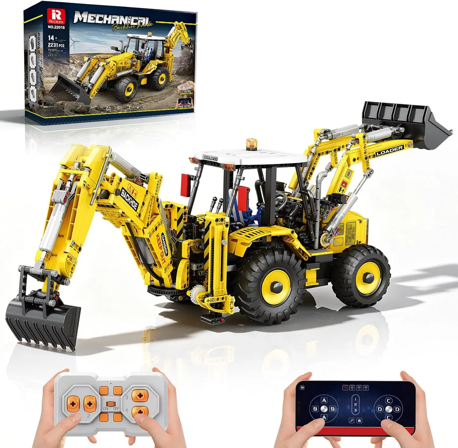 Reobrix RC Backhoe Loader Building Block Sets for Adults 2231PCS | Remote Control Excavator Model Building Toy Excavator and Bul