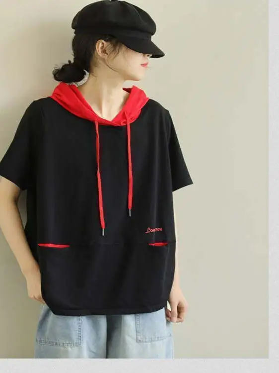 تي شيرت نسائي قطني فضفاض بأكمام قصيرة على الطراز الكوري، قلنسوة مرقعة بألوان متعددة، وصل حديثًا، بلوزة غير رسمية