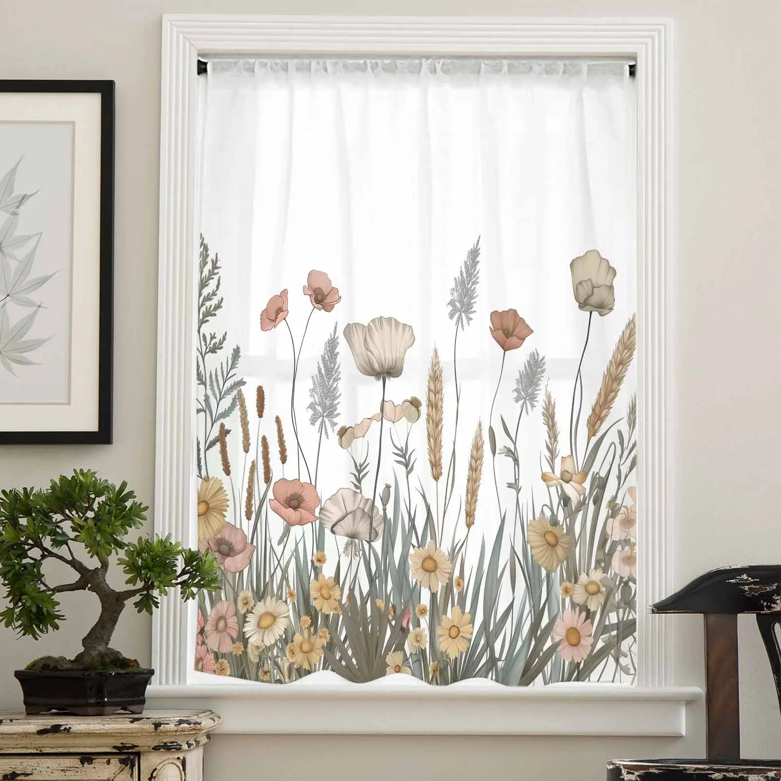 Autumn Watercolor Flowers Ferns Reeds Sheer Curtain Living Room Drapes Home Bedroom Voile Curtain Tulle Window Curtain