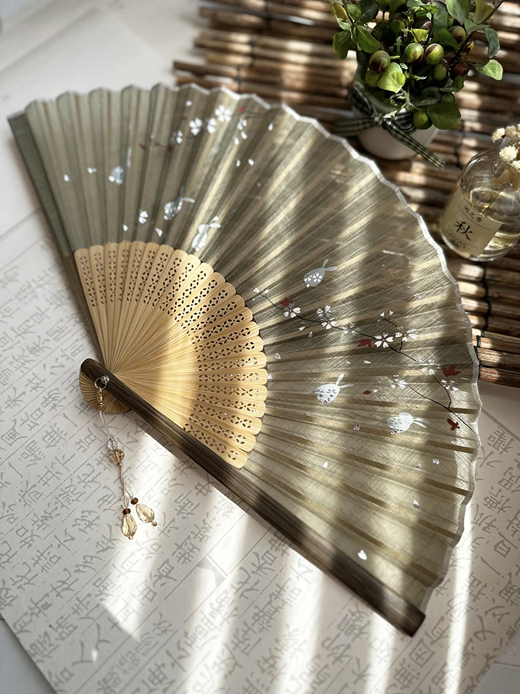 Vintage Chinese Style Hot Silver Folding Fan Cute Summer Cool Daily Fan Fresh Under The Moon Cherry Blossom Jade Rabbit