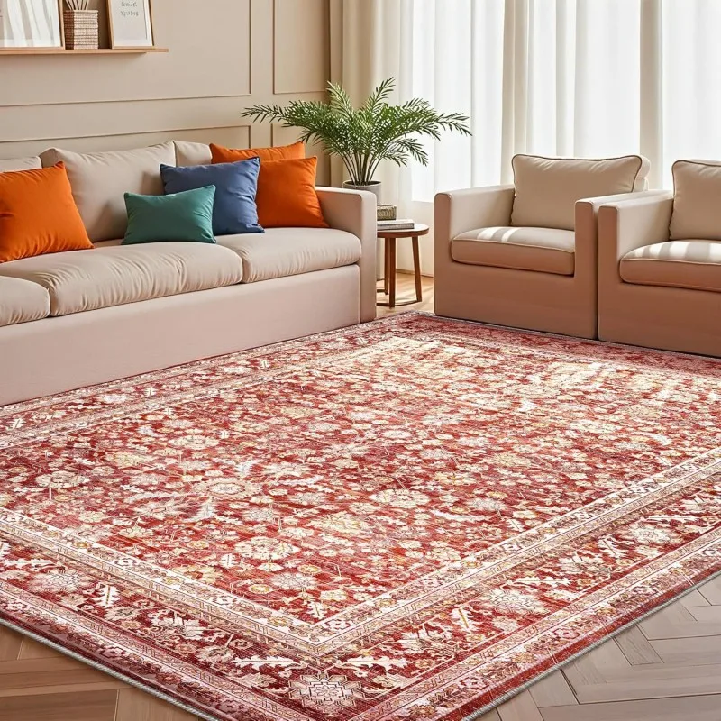VIKAMA Pink Retro Persian Rug Non Slip Living Room Sofa Coffee Table Rug Bedroom Decorative Floor Mat
