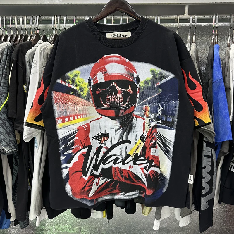 American Streetwear Men Women Casual Round-neck Helmet Racing Skeleton Pattern T-Shirt BKYS Short Sleeve Tee
