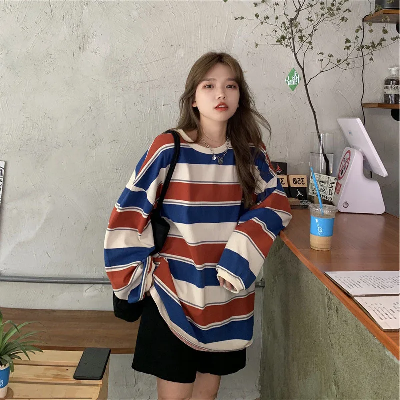 Simple Loose Casual Striped T-shirts Women 2025 New Fall O-neck Long Sleeve Tops All Match Office Lady Autumn Tees Ropa Mujer