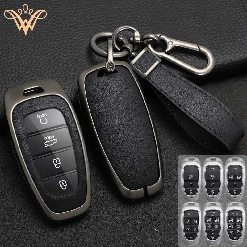 

Zinc Alloy + Leather Car Key Case Cover For Hyundai Solaris Sonata Hybrid NEXO NX4 New Grand Santa Fe Tucson 2020 2021 2022 2023