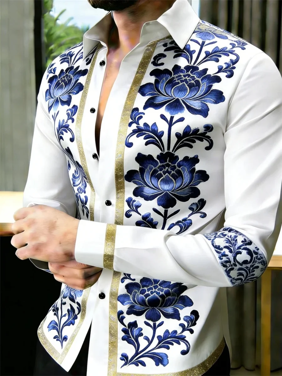 

New men's luxury blue and white porcelain floral print long-sleeved shirt, slim fit button-down cardigan dress shirt