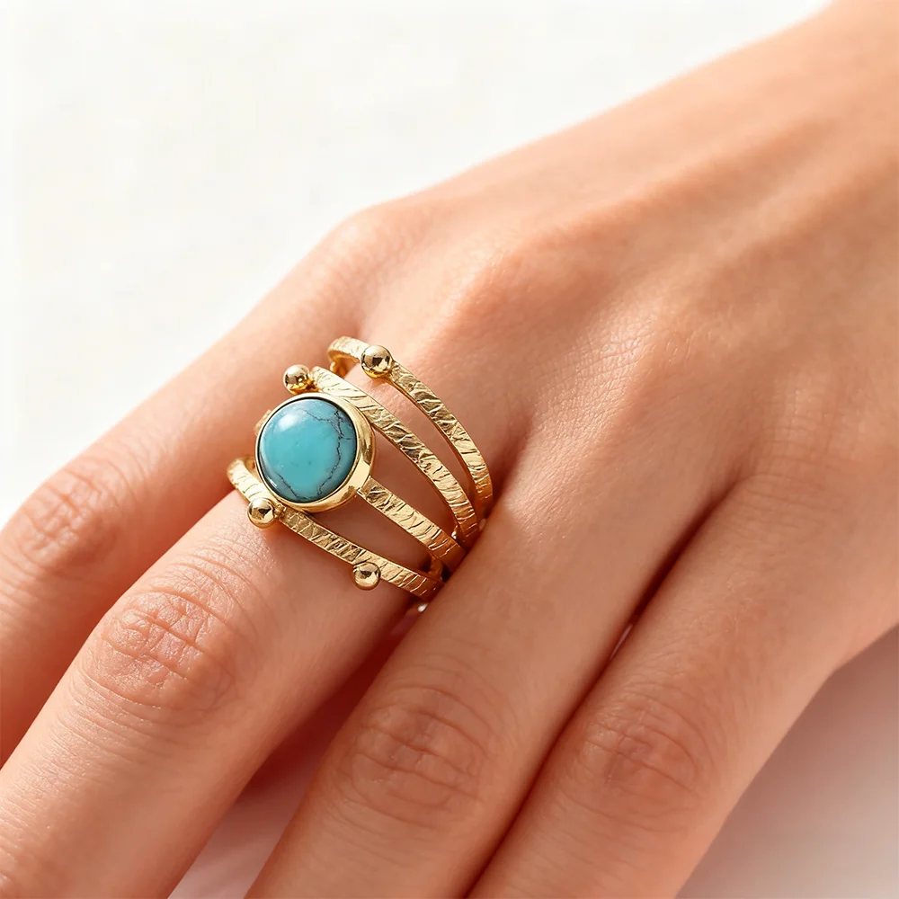 

Gold Hollow Out Open Ring Natural Stone Stainless Steel Luxury Fashion Popular Waterproof Women Rings Party Gift Jewelry