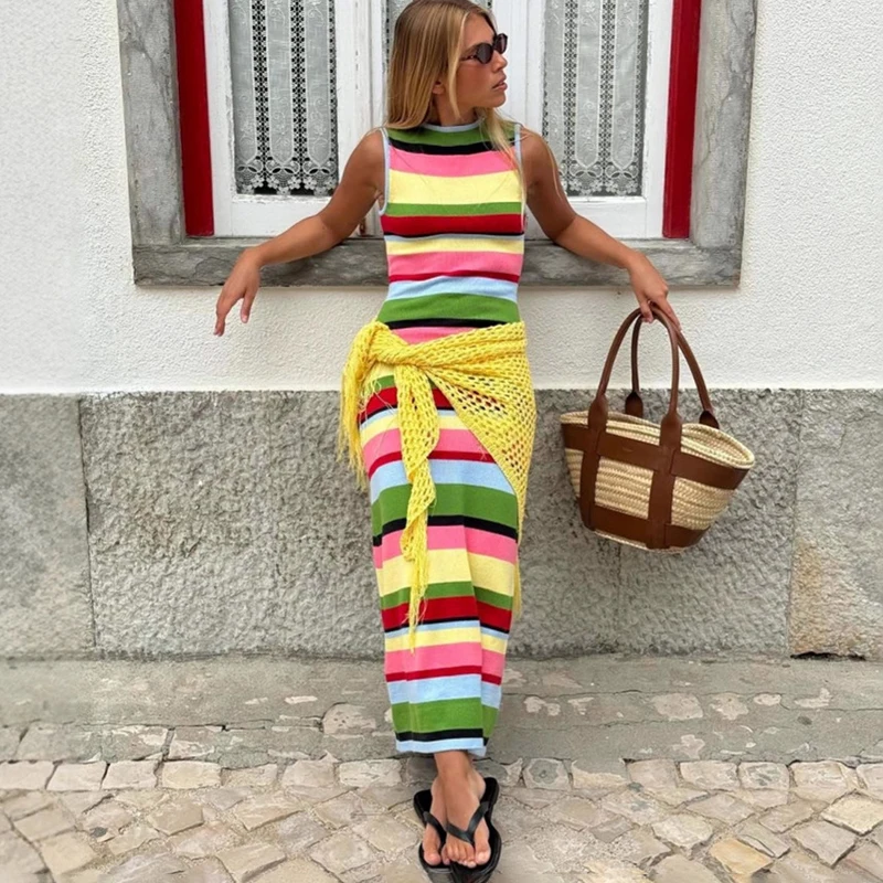 

Ticketsx Rainbow Striped Knitted Dress Women's Multicolor Patchwork Sleeveless Waist-Cinching Dress Lady Pullover Casual Dresses