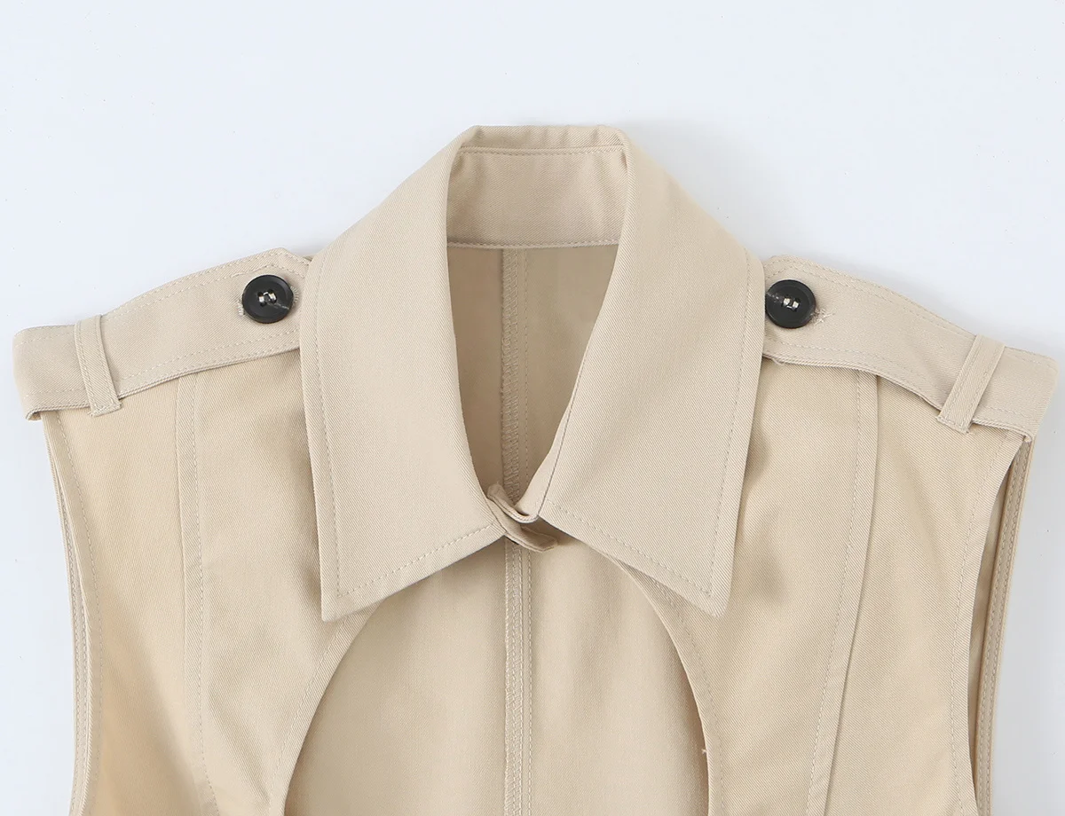 Herbstliche Damenweste mit Revers, einreihig, mit Schulterklappen-Dekor, einfarbig, ärmellos, kurz geschnitten, lässig, mit Ausschnitten, sexy Tanktop – Detail 4