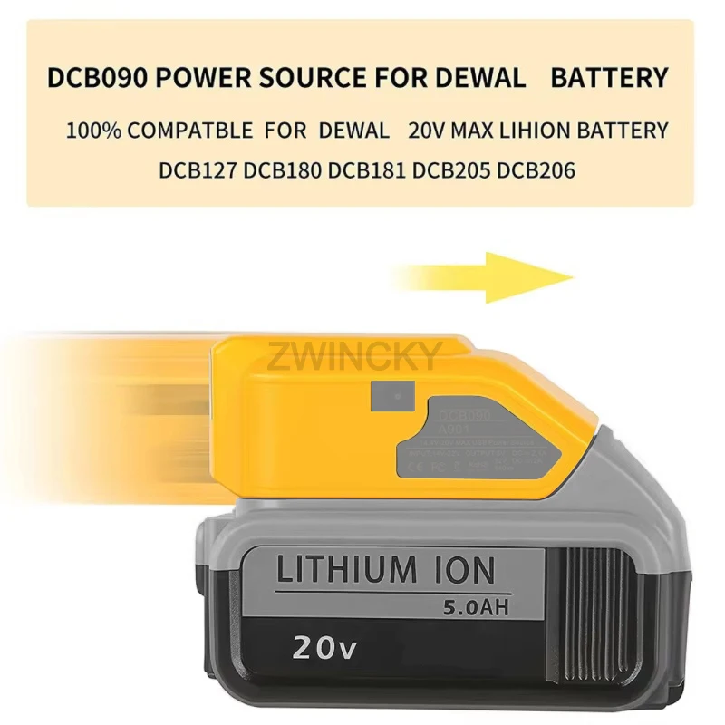 DCB090 Power Source Charger Converter Battery Adapter For Dewal 18V 20V Lithium Battery With USB Type C DC 12V LED Work Light