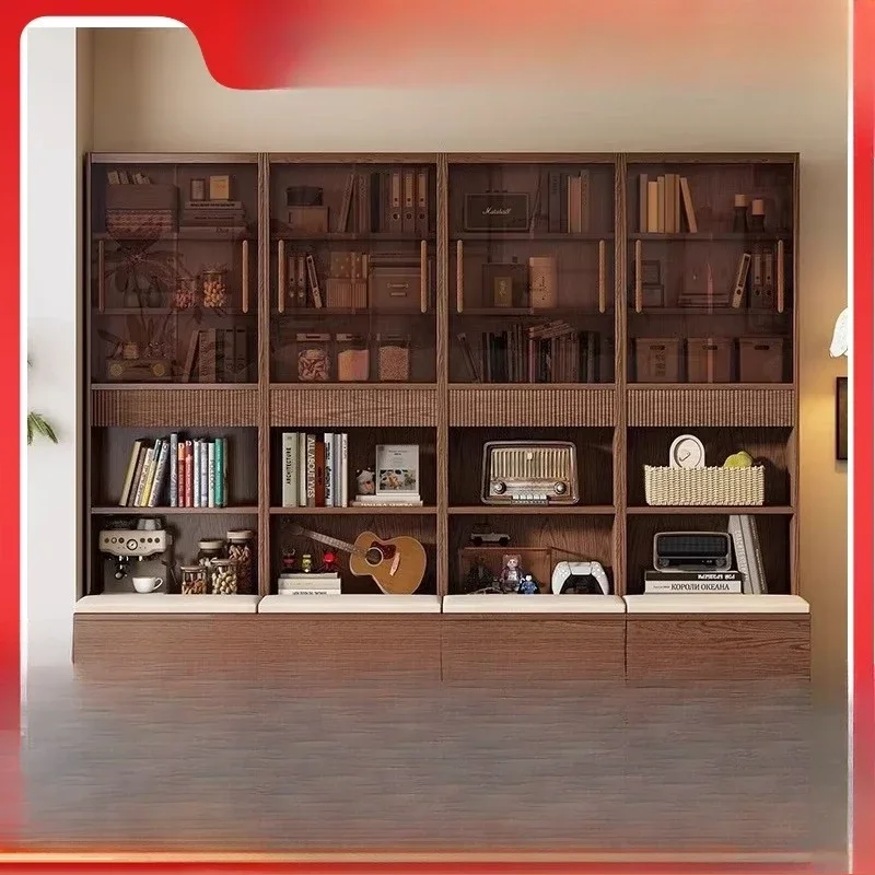 Modern luxury design solid wood bookcase with glass display full wall, integrated living room locker