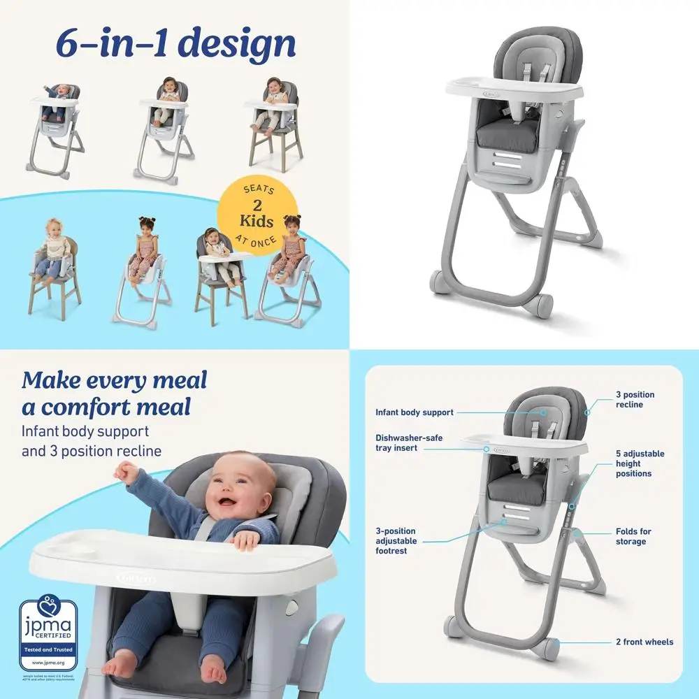 

Стульчик для кормления Arlo 6-в-1: трансформируется от младенца до подростка, регулируемая высота и наклон, легко моющийся поднос