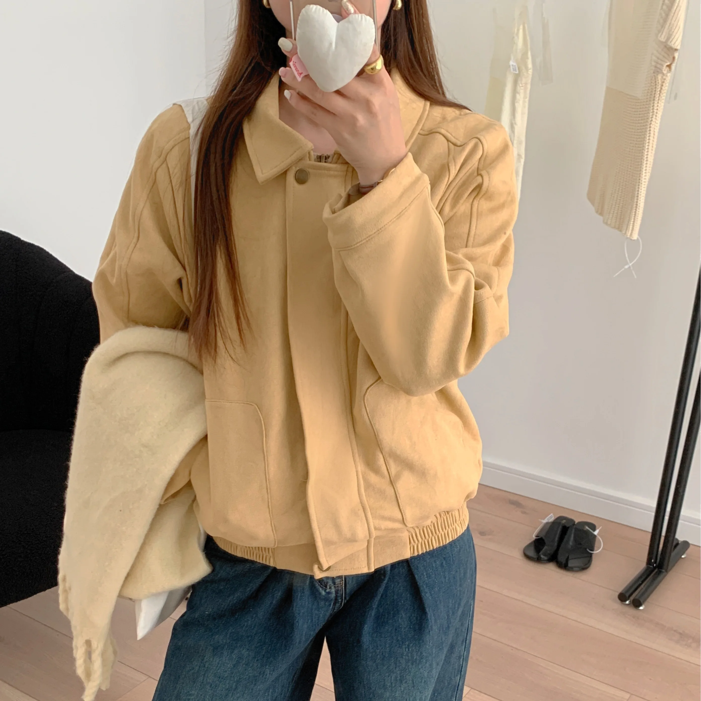 

Женская замшевая бейсбольная куртка большого размера, осень-зима, свободный крой с отложным воротником, байкерский топ на молнии, длинный све