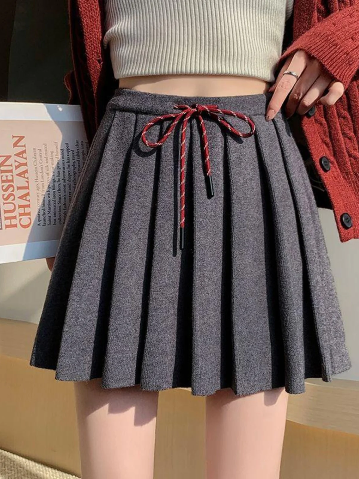 

Американская вязаная юбка-трапеция с завязками на талии из полиэстера, модная короткая юбка для осени и зимы