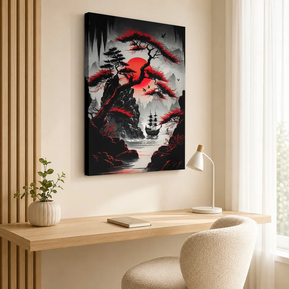 Red Moon Japan Canvas Print Poster Personalized Japanese Inspired Canvas Wall Art for Office Decor Ready to Hang Gift for Fans