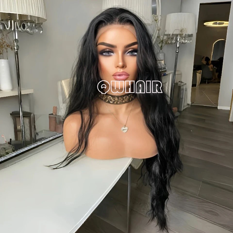 QW Capelli sintetici Nero Sciolto Onda profonda 13X4 Parrucca anteriore in pizzo per donne nere Glueless Fibra resistente al calore Cosplay Abbigliamento quotidiano