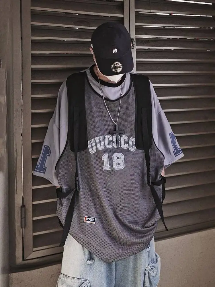 New Fake Two Piece Tee Women Men Vintage American Street Loose Jersey Tanks Top Short Sleeve Basic T