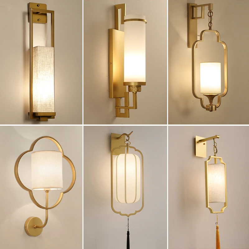

New Chinese style wall lamp Chinese style zen gold bedroom bedside aisle corridor hotel stairs simple retro lamps