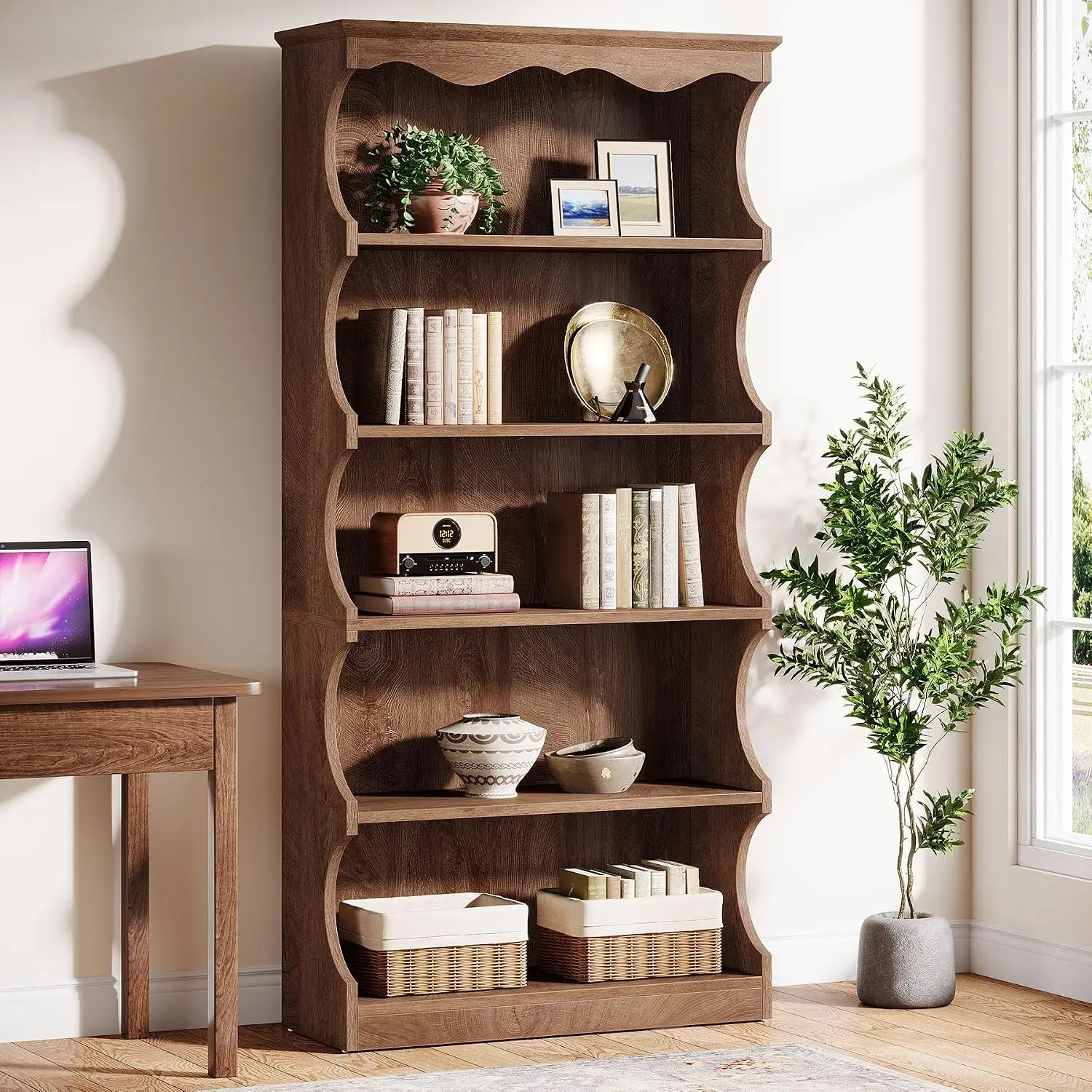 70-Inch Tall Bookcase, 5-Tier Open Bookshelf With Unique Curved-Edge Design, Wooden Vintage Free-Standing Display, Customized