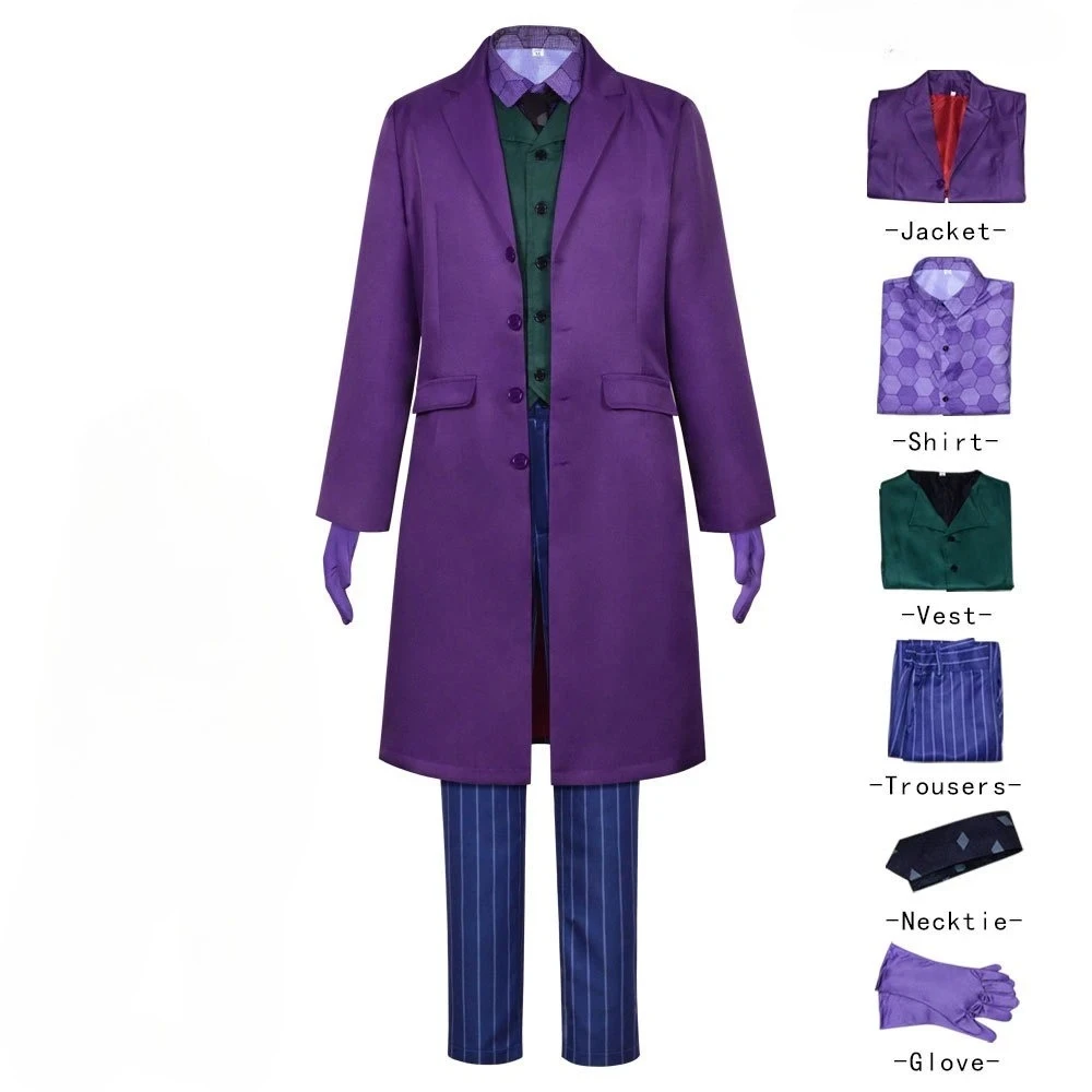 Disfraz de Joker oscuro de murciélago, conjunto completo de payaso, gabardina, camisa, chaleco, traje con corbata, trajes, disfraces de Jokers, máscara para hombres, Halloween