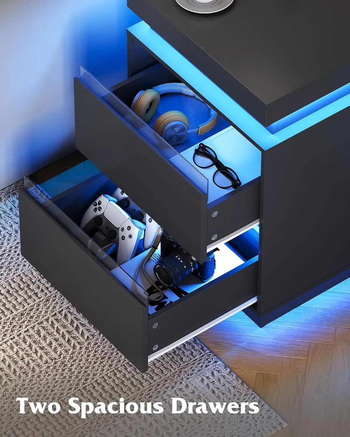 Black Nightstand with Charging Station, Night Stand with Sliding Top