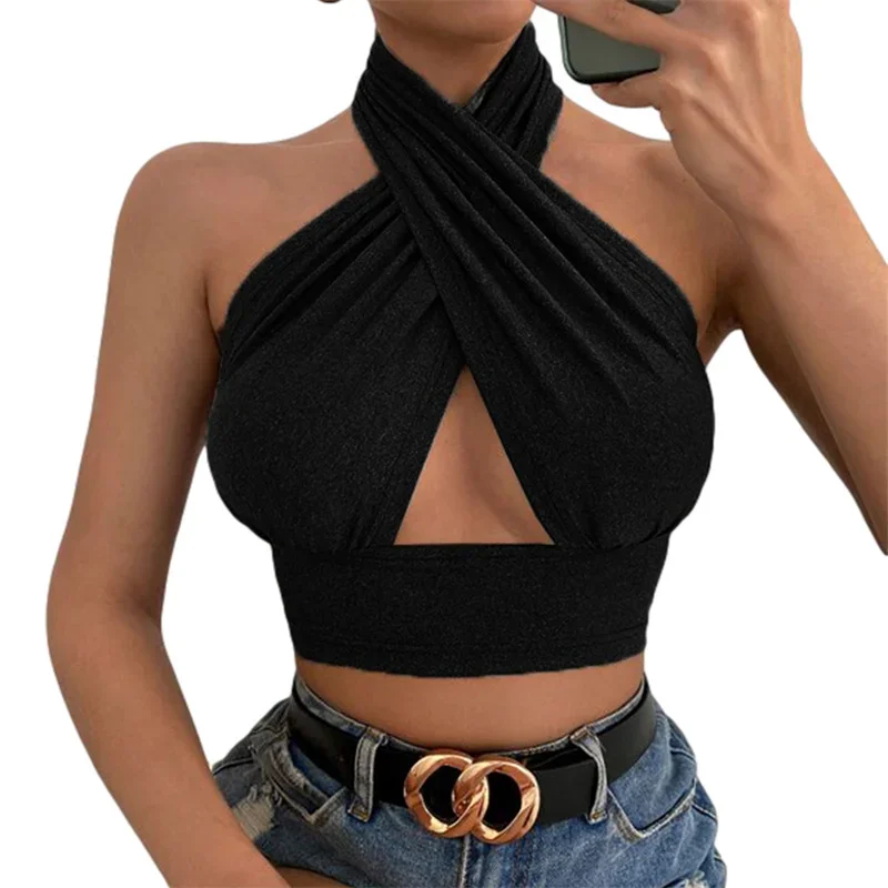 

2024 New Halter Top Y2k Clothes Summer Women Casual Solid Color Sleeveless Backless T Shirt 2000s Aesthetic Clothing Streetwear