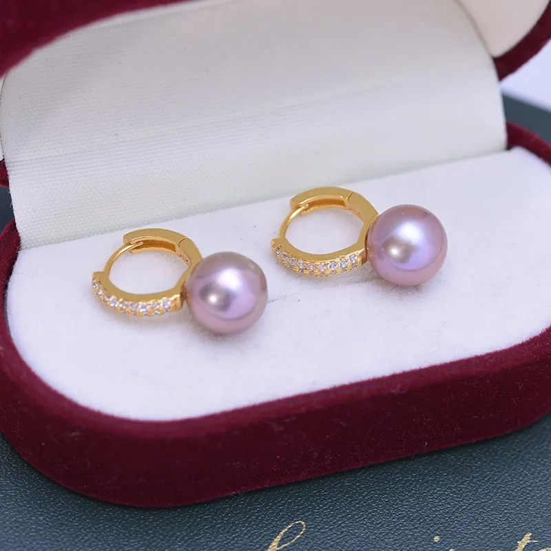 ED011 Lefei Fashion Trendy Luxury 9-10mm Strong Luster Few Flaw Freshwater Pearl Purple Earrings Charm Women s925 Silver Jewelry