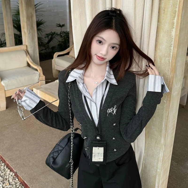 

2026 Spring Women Knit Top Vintage American Polo Collar Fake Two Piece Patchwork Long Sleeve Casual Trendy Y2K Shirt